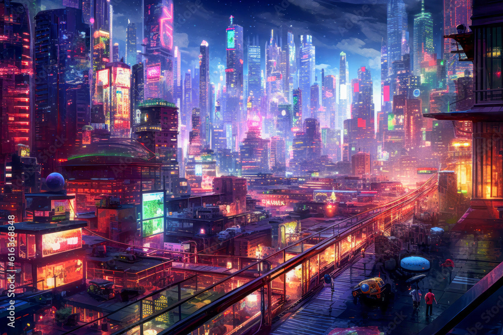 A futuristic cityscape with vibrant, glowing billboards illuminating the skyline, creating a mesmerizing display of lights and colors.