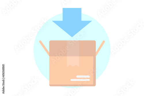 Brown carton box with blue arrow in. Shopping flat style icons in red and blue colors