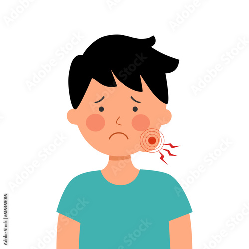 Sad child with swollen cheek in flat design on white background. Swollen gum.