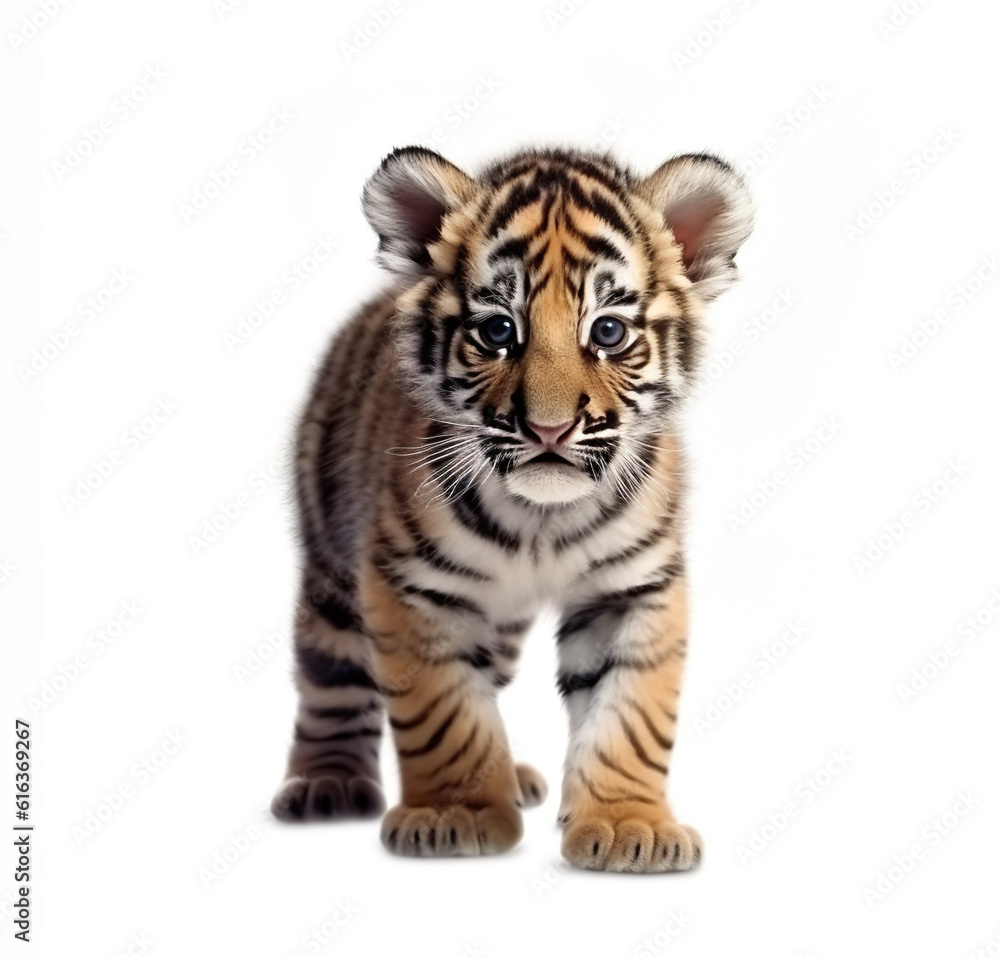 Cute little baby tiger cub realistic photo character generative AI illustration isolated on white background. Lovely baby animals concept Cute little baby tiger cub realistic photo character generative AI illustration isolated on white background. Lovely baby animals concept