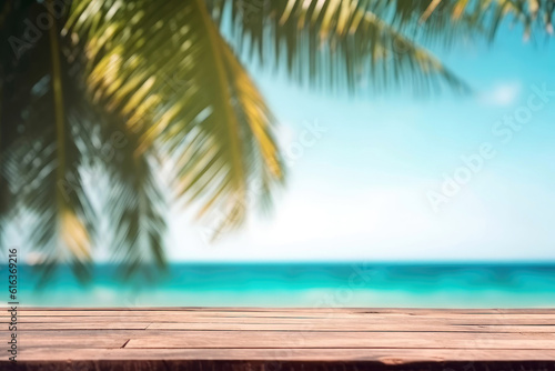 Empty wooden table on carribean island with palms (Generative AI) © Robert Kneschke