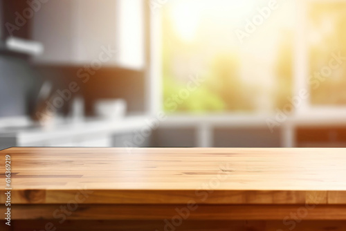 Empty clean wooden table in kitchen room as mock-up template (Generative AI)