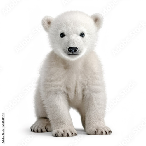 Cute little baby white polar bear realistic photo character generative AI illustration isolated on white background. Lovely baby animals concept