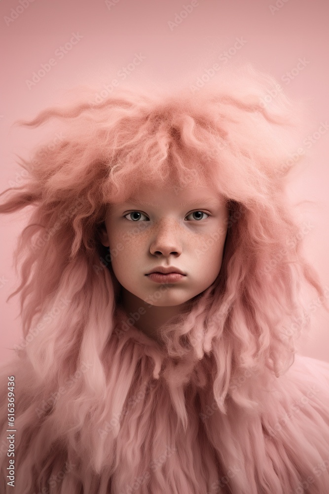 A close-up portrait of a girl with pink hair, wearing furry clothing and cradling a stuffed animal, captures the wild beauty of an indoor adventure