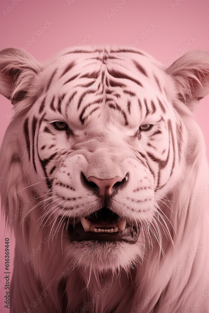 A close-up of a majestic white tiger with its pink snout open and whiskers flaring captures the raw beauty and power of the wild