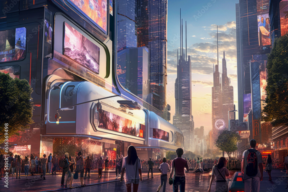 A technologically advanced city with towering skyscrapers and futuristic billboards showcasing holographic advertisements, giving a glimpse into a future where technology and advertising seamlessly me