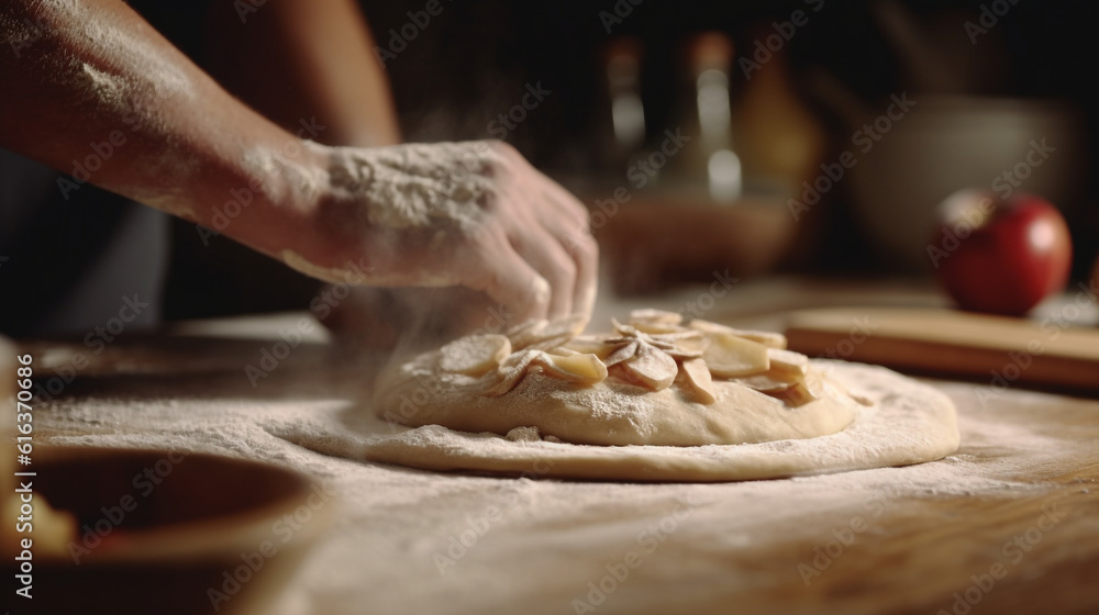 a person preparing a baker rolling out dough and filling it with a delicious apple mixture to make apple turnovers,  AI-Generated
