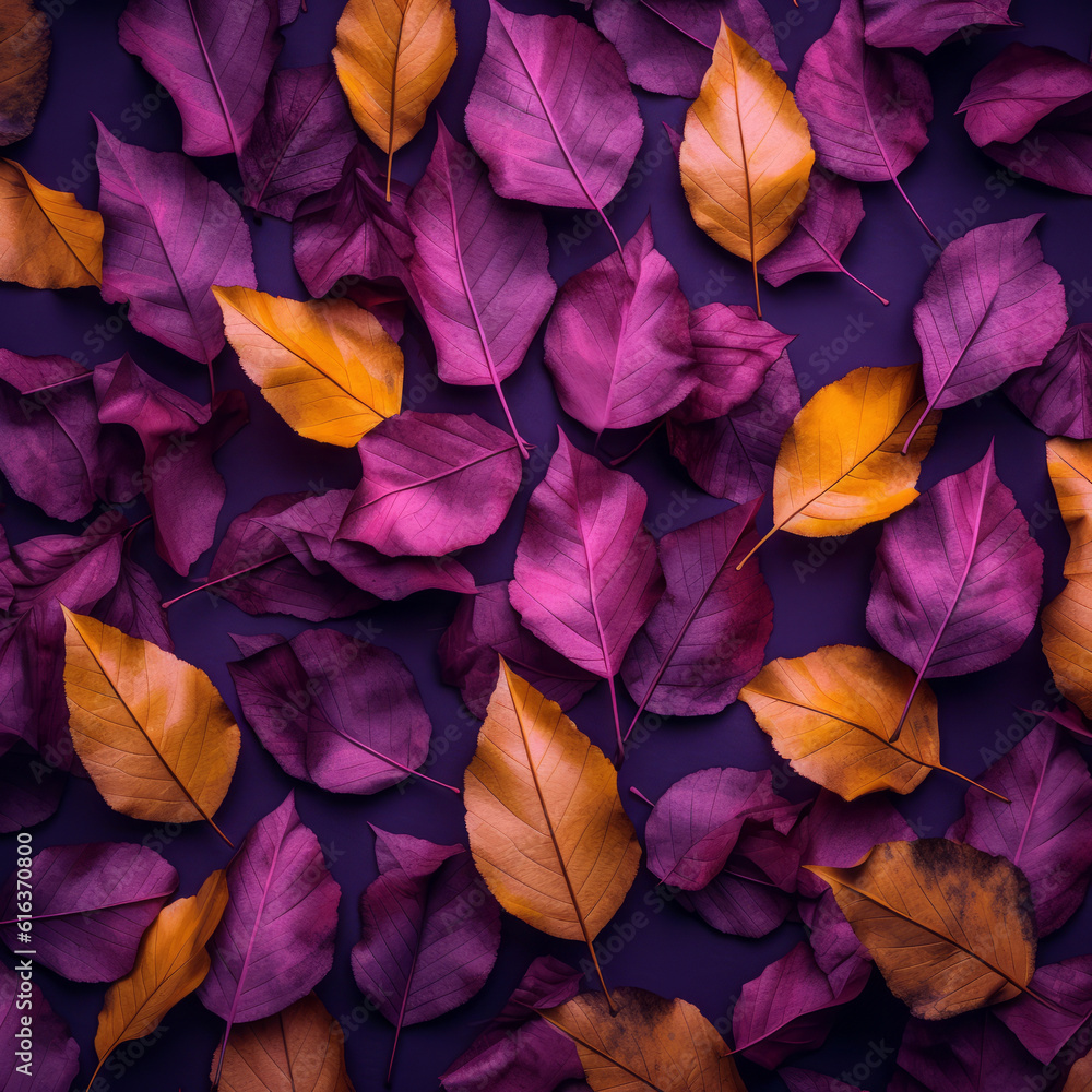 Randomly arranged purple and orange autumn leaves. Minimal colorful natural concept. Flat lay