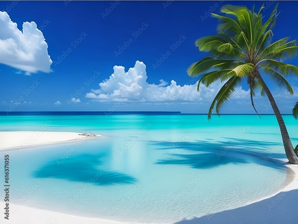Fototapeta premium tropical beach in Maldives with few palm trees and blue lagoon