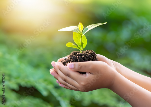 hand children holding young plant with sunlight on green nature background. concept eco earth day. AI Generative