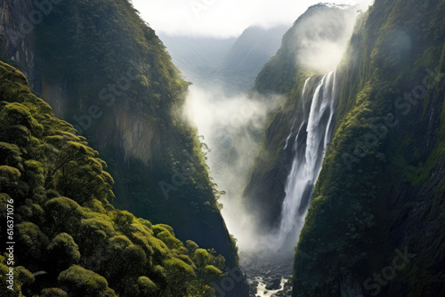 A canyon with a waterfall and trees
