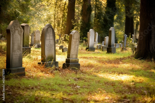 A cemetery with tombstones and trees by sunset,