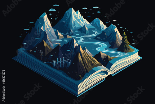Concept of an open magic book with christmas tree open pages space milky vector art illustartion.