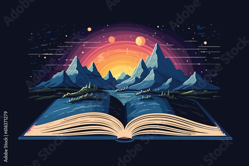 Concept of an open magic book with christmas tree open pages space milky vector art illustartion.