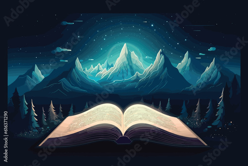 Concept of an open magic book with christmas tree open pages space milky vector art illustartion.