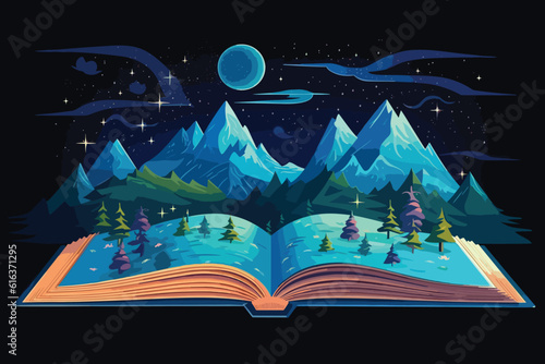 Concept of an open magic book with christmas tree open pages space milky vector art illustartion.