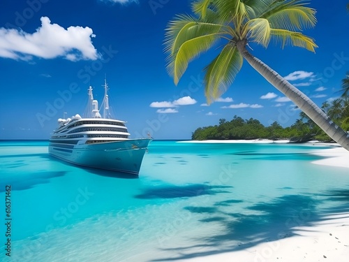 tropical beach in Maldives with few palm trees and blue lagoon