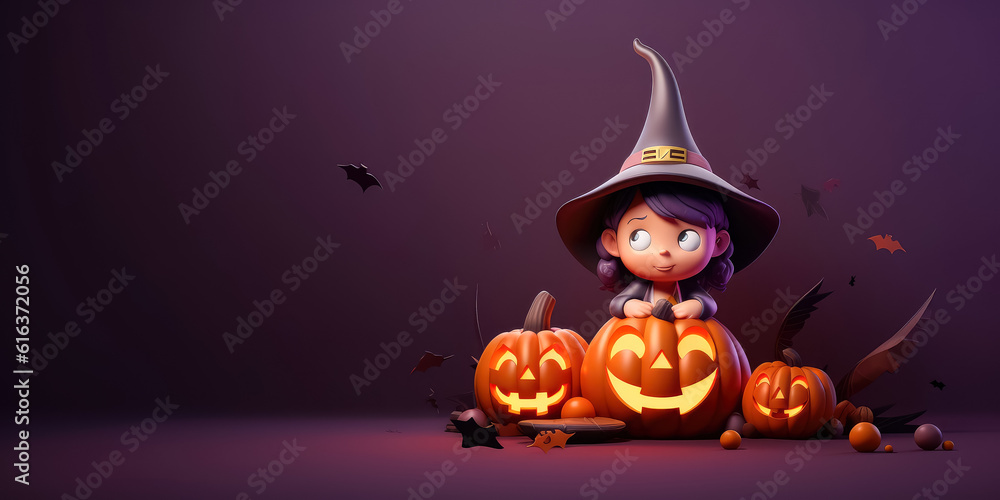 Helloween witch and Pumpkins background , Happy Halloween banner , Created with Generative Ai Technology Helloween witch and Pumpkins background , Happy Halloween banner , Created with Generative Ai Technology