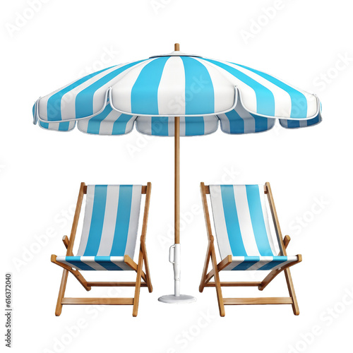 Two wooden beach chairs with umbrella isolated with blue and white fabric on cutout PNG transparent background. Generative AI