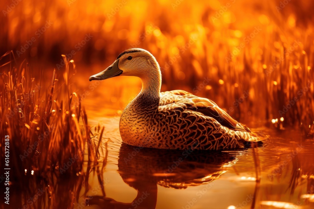 Cute duck, swimming in the pond during sunset. Autumn season Cute duck, swimming in the pond during sunset. Autumn season