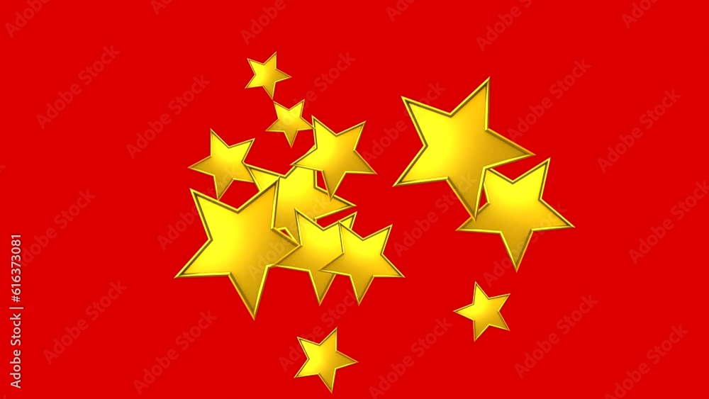 Gold stars of different sizes. Five-pointed stars move along the trajectory. Loop footage, red background. Gold stars of different sizes. Five-pointed stars move along the trajectory. Loop footage, red background.