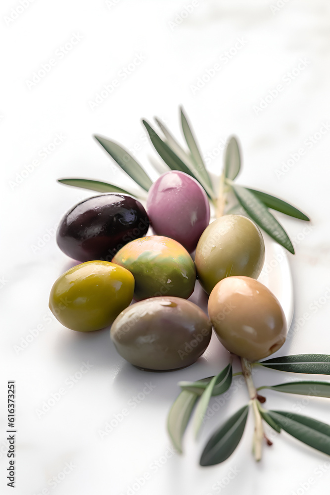 Delicious fresh olives with leaves isolated on white background, closeup. AI generated
