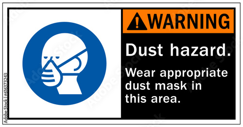 Worn dust mask sign and labels wear appropriate dust mask in this area