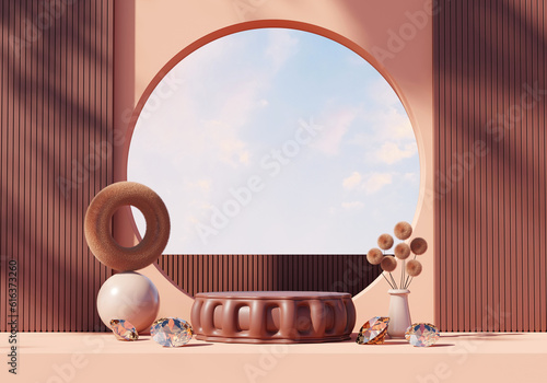 Abstract Exotic Minimal Modern Podium Platform For Product Display Showcase Presentation Advertising With Decorations 3D Rendering