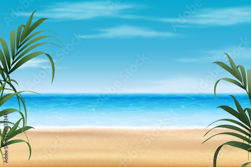 3d realistic vector illustration. Summer background. Sea and beach view with palms.