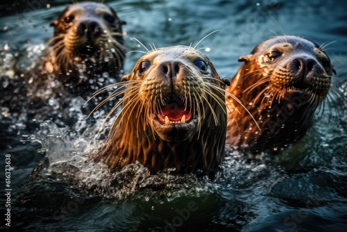 Playful Seals Energetic Aquatic Mammals