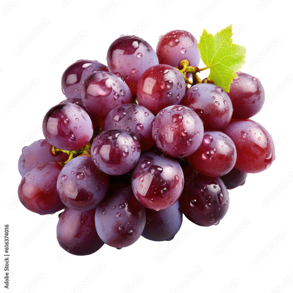 Purple wet grapes bunch isolated on transparent or white background with clipping path