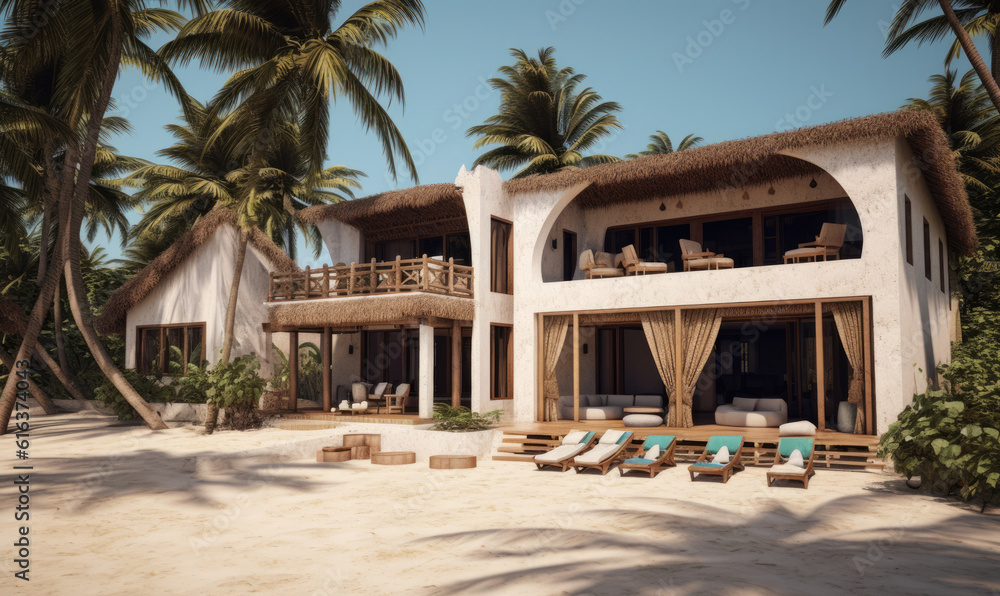 Modern villa in a tropical island in a boho style