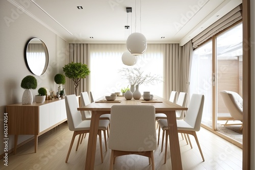 modern dining room with a sleek table and chairs. Generative AI