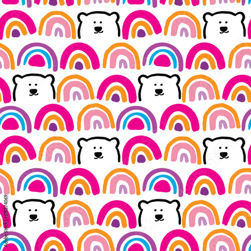Seamless Pattern with Hand Drawn Bear Face and Rainbow Design on White Background
