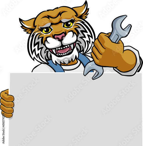 A wildcat, cougar or bobcat handyman, mechanic, plumber or other construction cartoon mascot man holding a wrench or spanner tool.