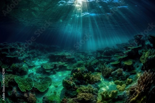 Underwater coral reef landscape super wide banner background in the deep blue ocean. Bright beams of sunlight refracting through the surface of the ocean. Ocean Underwater Background Image