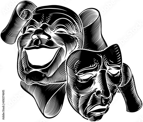 Theater or theatre drama comedy and tragedy masks in a vintage woodcut etching style