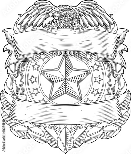 A police shield star sheriff cop badge or military security crest emblem motif featuring an eagle in a vintage woodcut style.