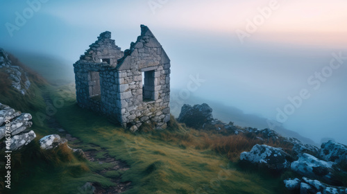 A ruined cottage on a cliff side