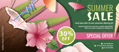 Discount flyer template with coconut cocktail, umbrellas and hibiscus flowers. Coupon for summer discounts.
