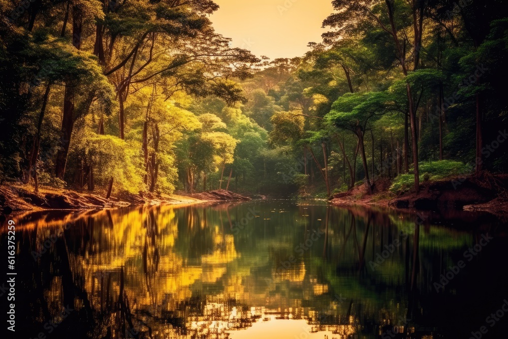 Obraz premium Tranquil Forest Lake Serene Woodland Reservoir