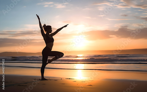 Creative Concept. Silhouette of a woman doing yoga in stunning beautiful sunset tranquil beach. illuminated with light. sensual, advertisement, magazine, health