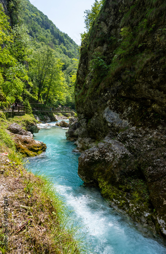 Steep rocky slopes of slovenian Alps, covered in dense forest, towering over beautiful Soca river gorges near the town of Tolmin