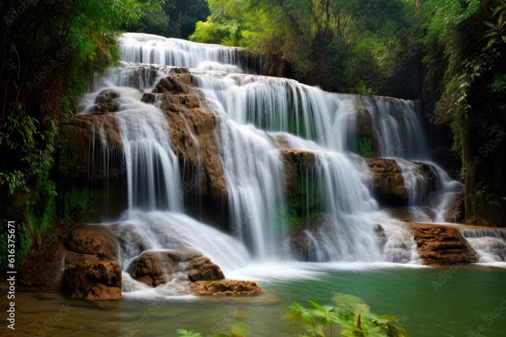 Fototapeta premium Beautiful waterfall on the island in tropical forest, beautiful natural landscape in the forest. Amazing waterfall for digital wallpaper. Panoramic beautiful deep forest waterfall