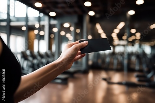 hands hold a credit gift card on the background of a sports gym.discounts  gifts. Generative AI 