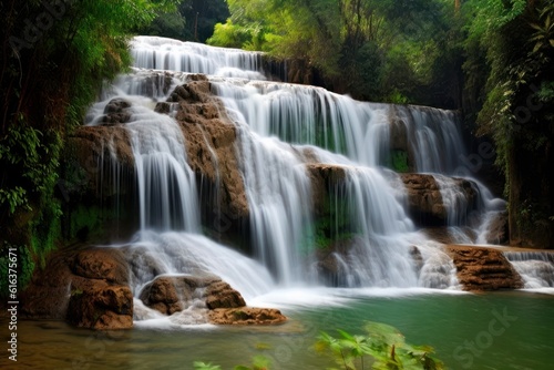 Beautiful waterfall on the island in tropical forest, beautiful natural landscape in the forest. Amazing waterfall for digital wallpaper. Panoramic beautiful deep forest waterfall