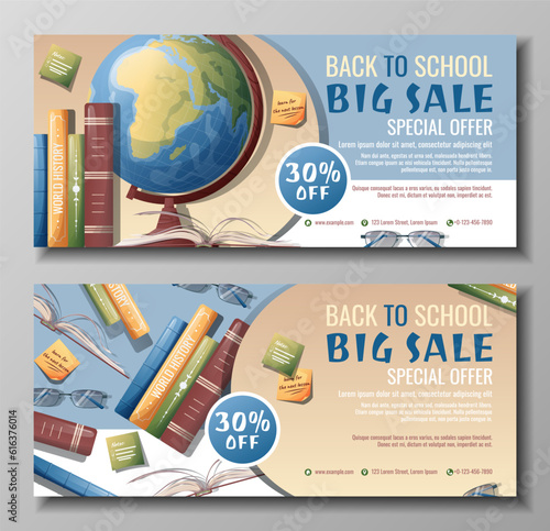 Back to school discount banner template. Learning, knowledge, education. Flyer, poster with textbooks, books, globe, stationery.