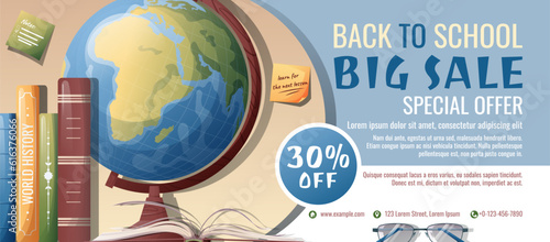 Back to school discount banner template. Learning, knowledge, education. Flyer, poster with textbooks, books, globe, stationery.