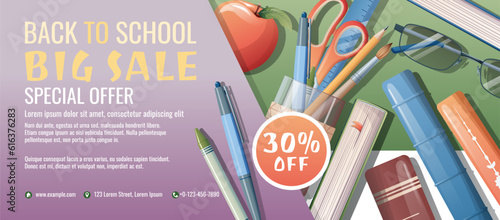 Back to school discount banner template. Learning, knowledge, education. Flyer, poster with textbooks, books, stationery