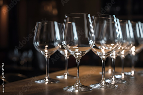 Empty transparent wine glasses on a table on dark background. AI generated
